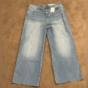 High waisted, wide leg, and button fly jeans